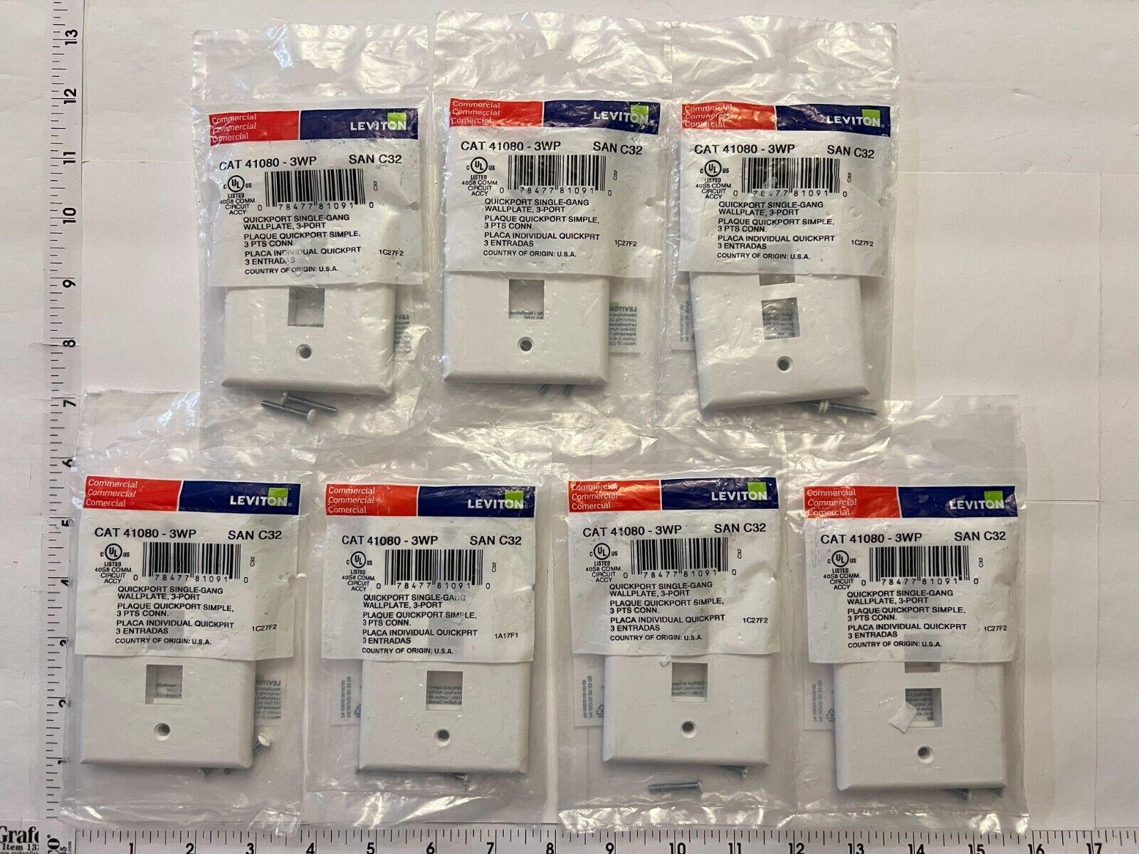 Lot of 7 Leviton 3-Port White Wall Plate CAT 41080-3WP QuickPort Single-Gang