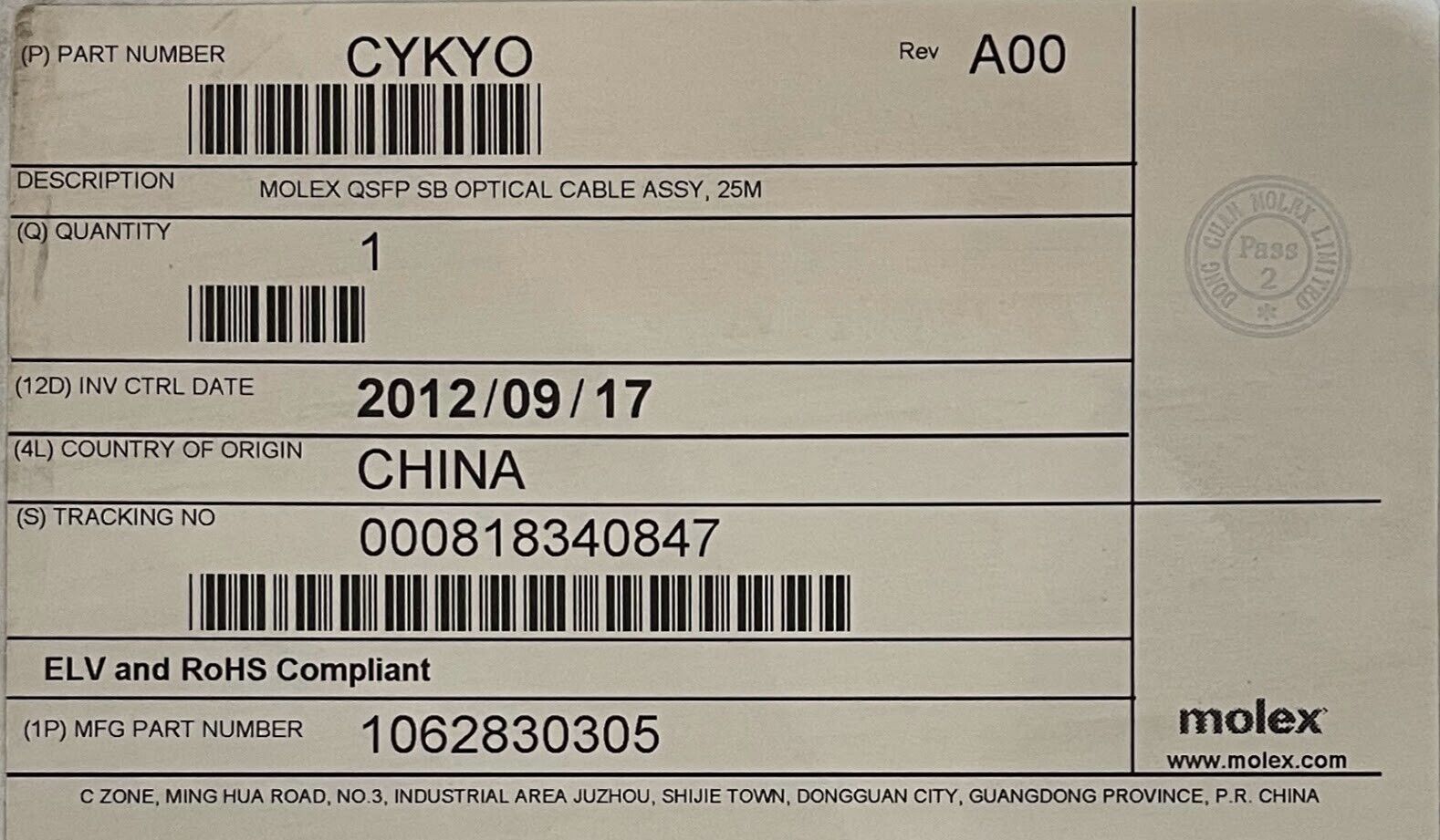 New Molex QFSP  SB Optical  Cable Assembly MTP-MTP OM3 25M  1062830305 CYKY0