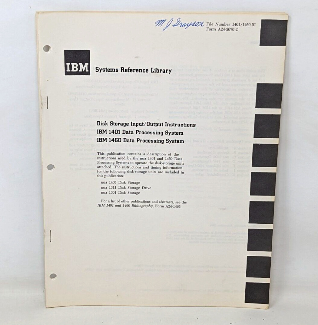 VTG 1964 IBM Systems Reference Library 1401 1460 Disk Storage Instructions OA22