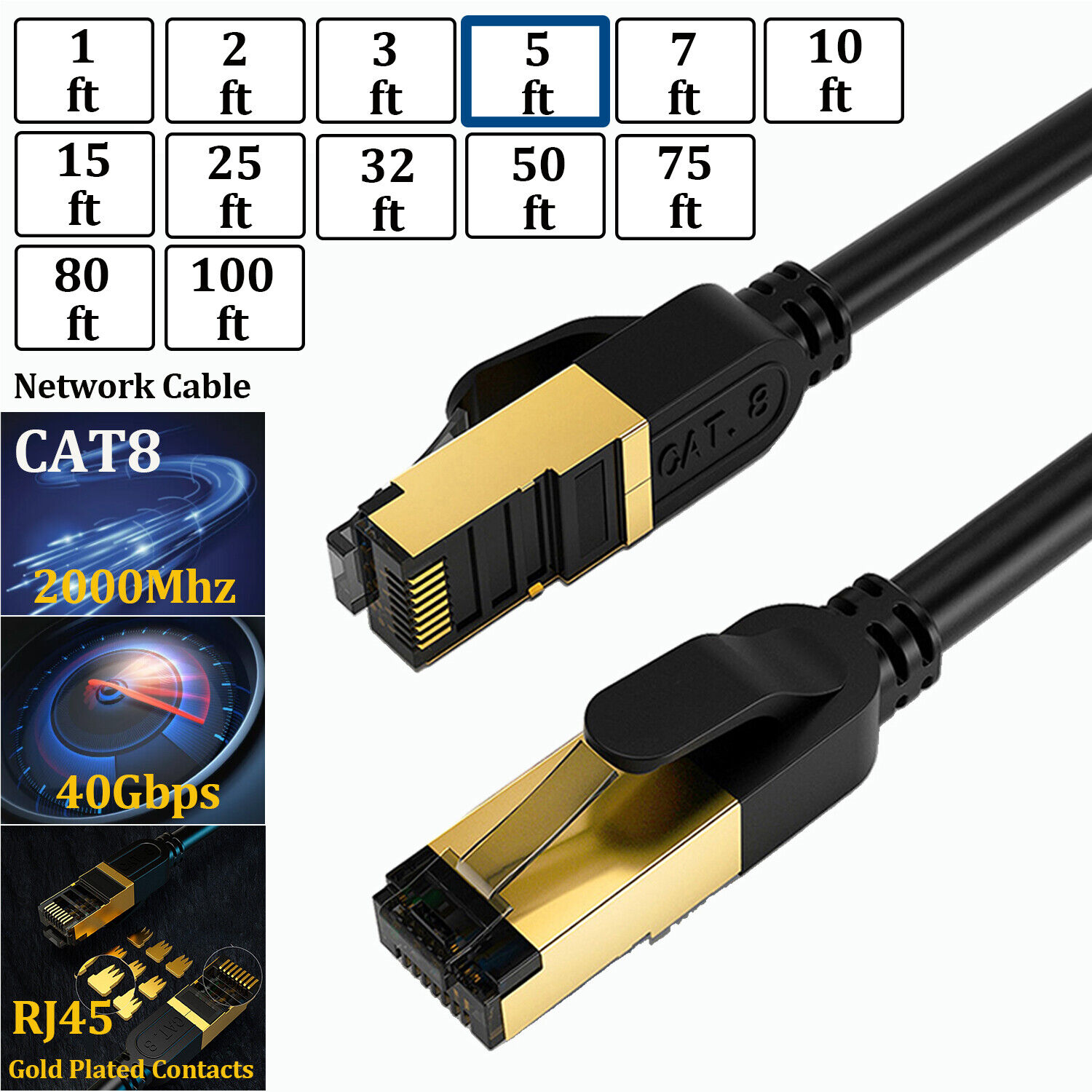 Cat 8 RJ45 Ethernet Cable Super Speed 40Gbps Patch LAN Network Gold Plated Lot