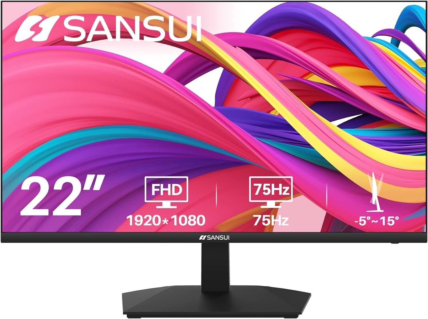 SANSUI Monitor 22 Inch 1080P FHD 75Hz Computer Monitor with HDMI VGA, Ultra-Slim