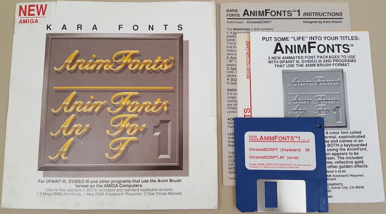 KARA FONTS - AnimFonts 1 ChromeSCRIPT ©1989 for Commodore Amiga Deluxe Paint etc