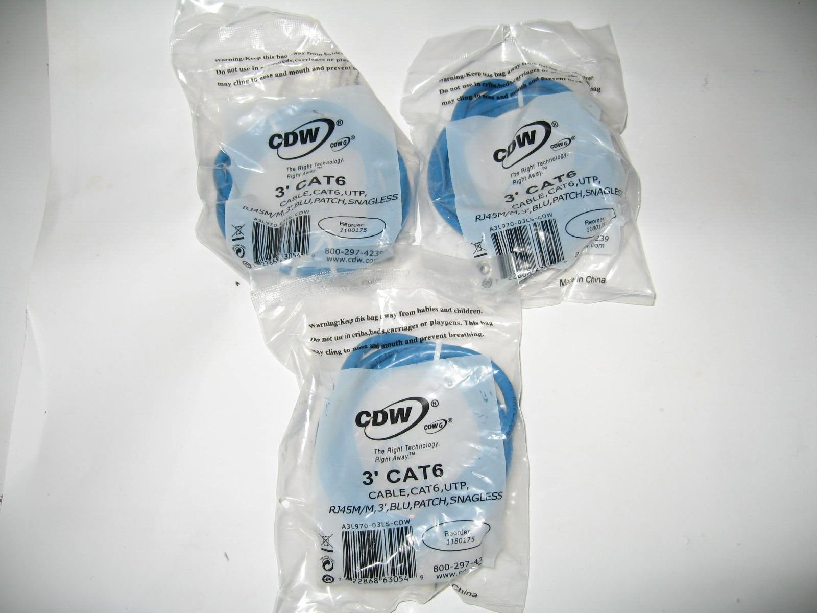 LOT OF 3 Brand New CDW Belkin 3\' FT Cat 6 Snagless Patch Cable RJ45M/M BLue