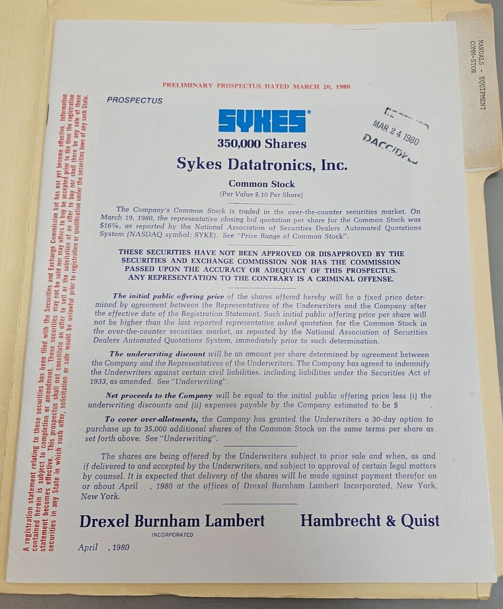 Vintage 1980 Sykes Datatronics Common Stock Preliminary Prospectus, Rare, Weird