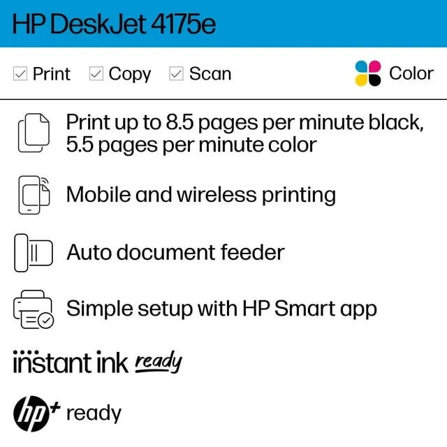 HP DeskJet 4175e Wireless All-in-One Color Inkjet Printer with 6 Months Instant