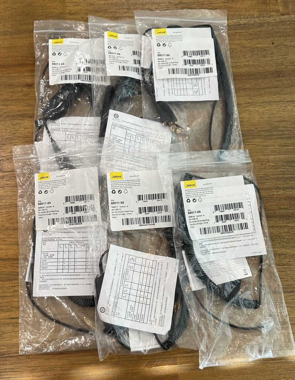 *Lot of 6* Jabra GN1200 CC 2m Coiled QD to Mod Plug Headset Smart Cable 88011-99