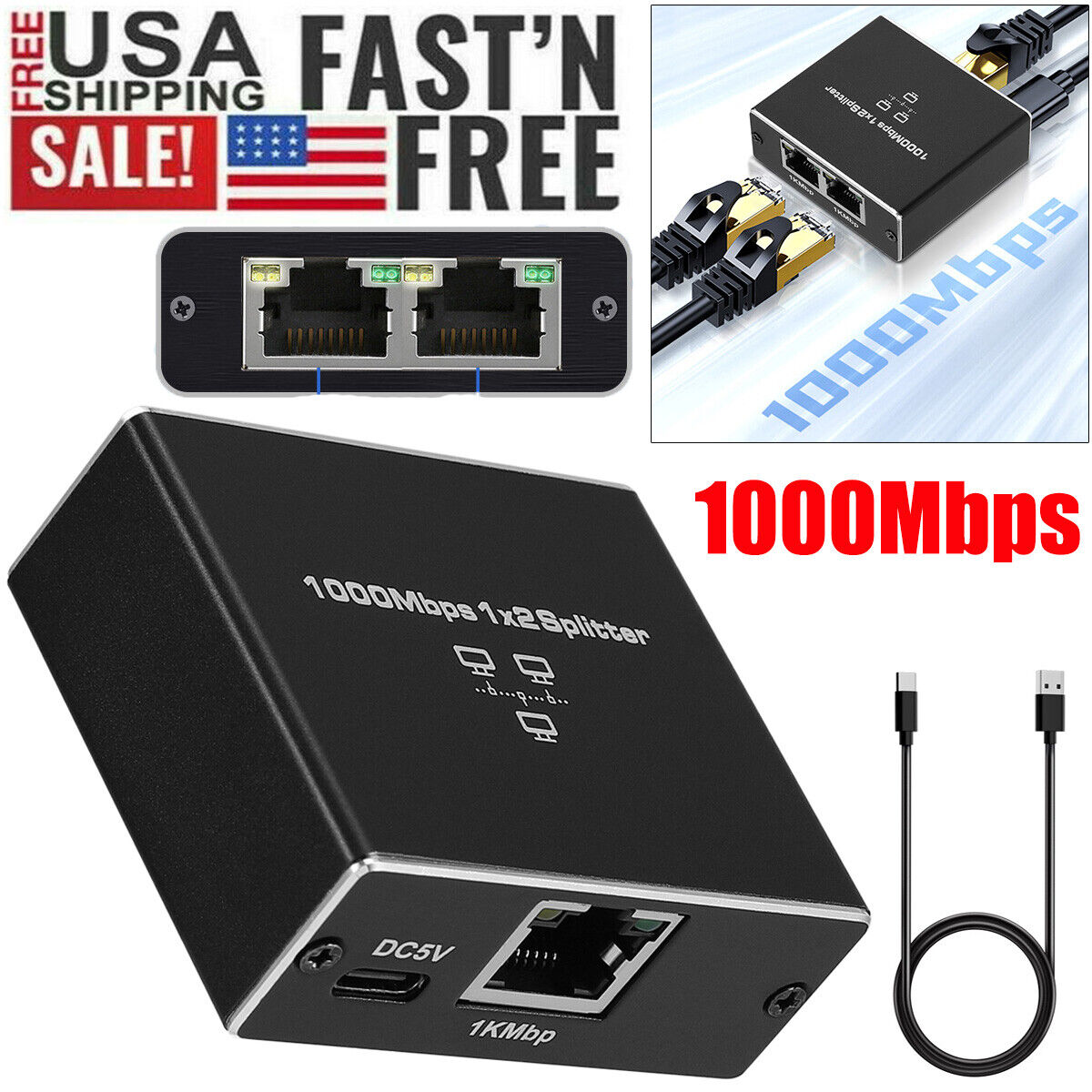 Ethernet Splitter 1 to 2 High Speed 1000Mbps RJ45 LAN Splitter Cat 5 5e 6 7 8
