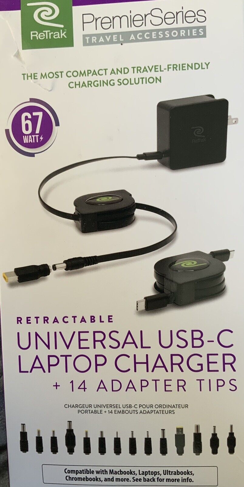 ReTrak - Retractable Universal USB-C Laptop Charger +14 Adapter Tips