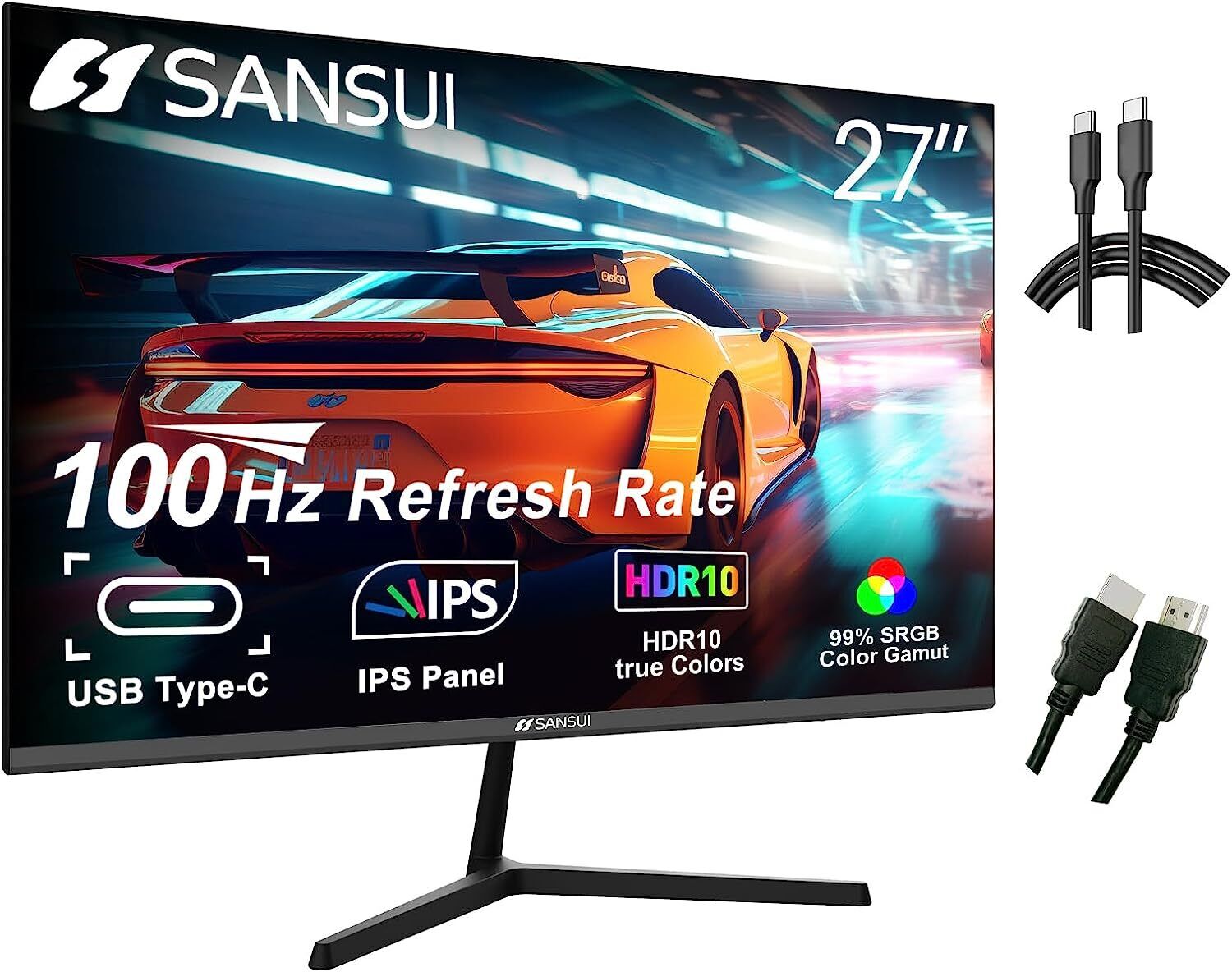 SANSUI 27inch Computer Monitor 100Hz IPS Type-C FHD 1080P HDR10 Built-in Speaker