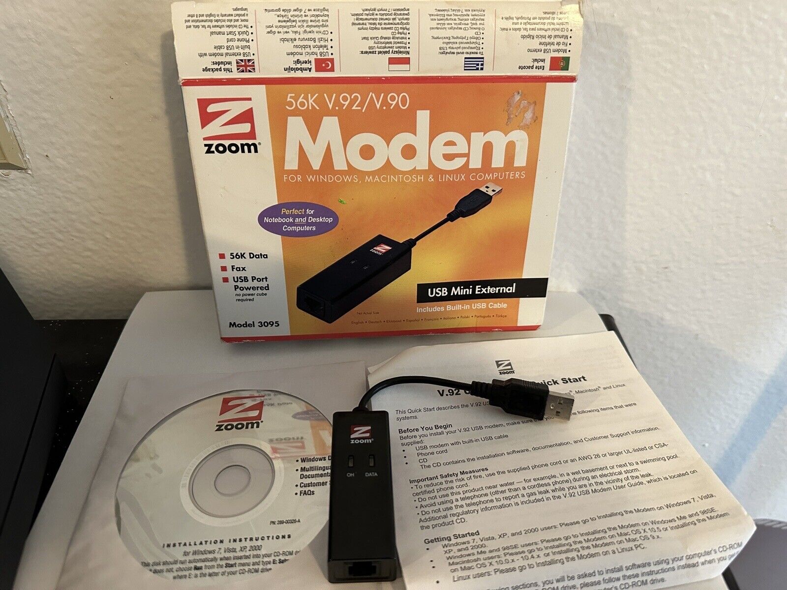 Zoom Model 3095 USB Modem - 56K V.92 Data + Fax