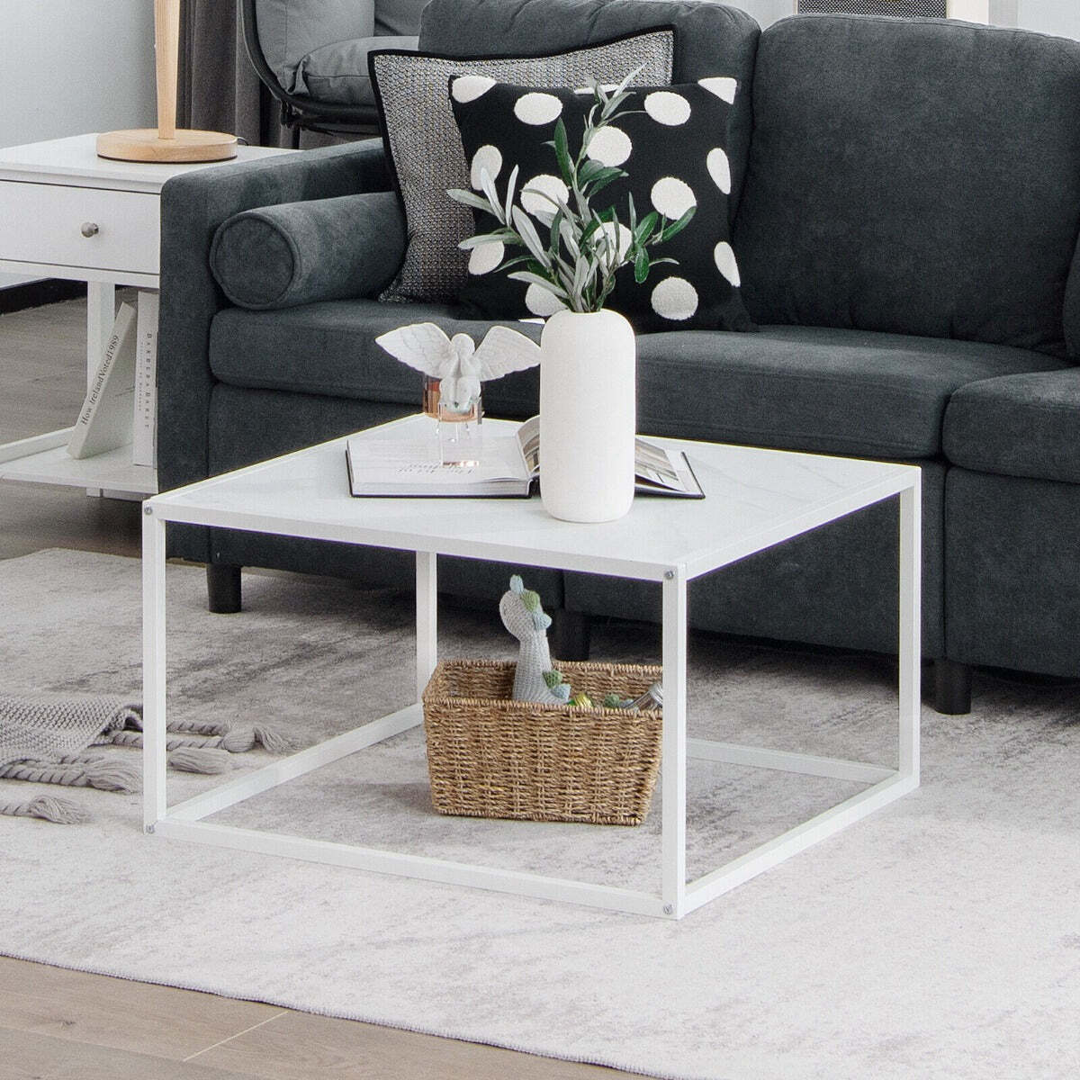 NNECW Modern Square Leisure Coffee Table with Faux Marble Tabletop-White