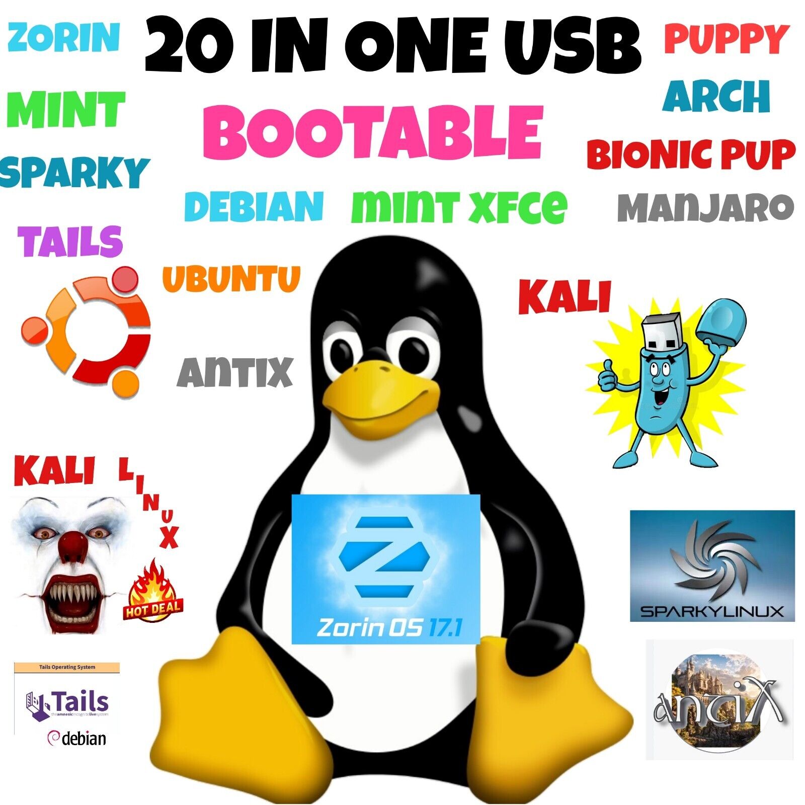 20 IN ONE LINUX OPERATING SYSTEMS ON ONE BOOTABLE 64 GB USB, ZORIN, MINT, TAILS