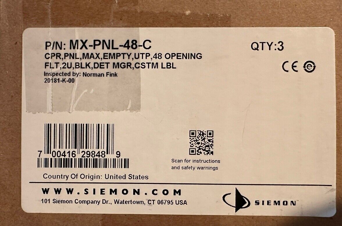 SIEMON PATCH PANEL MX-PNL-48-C,BLACK (qty 3)