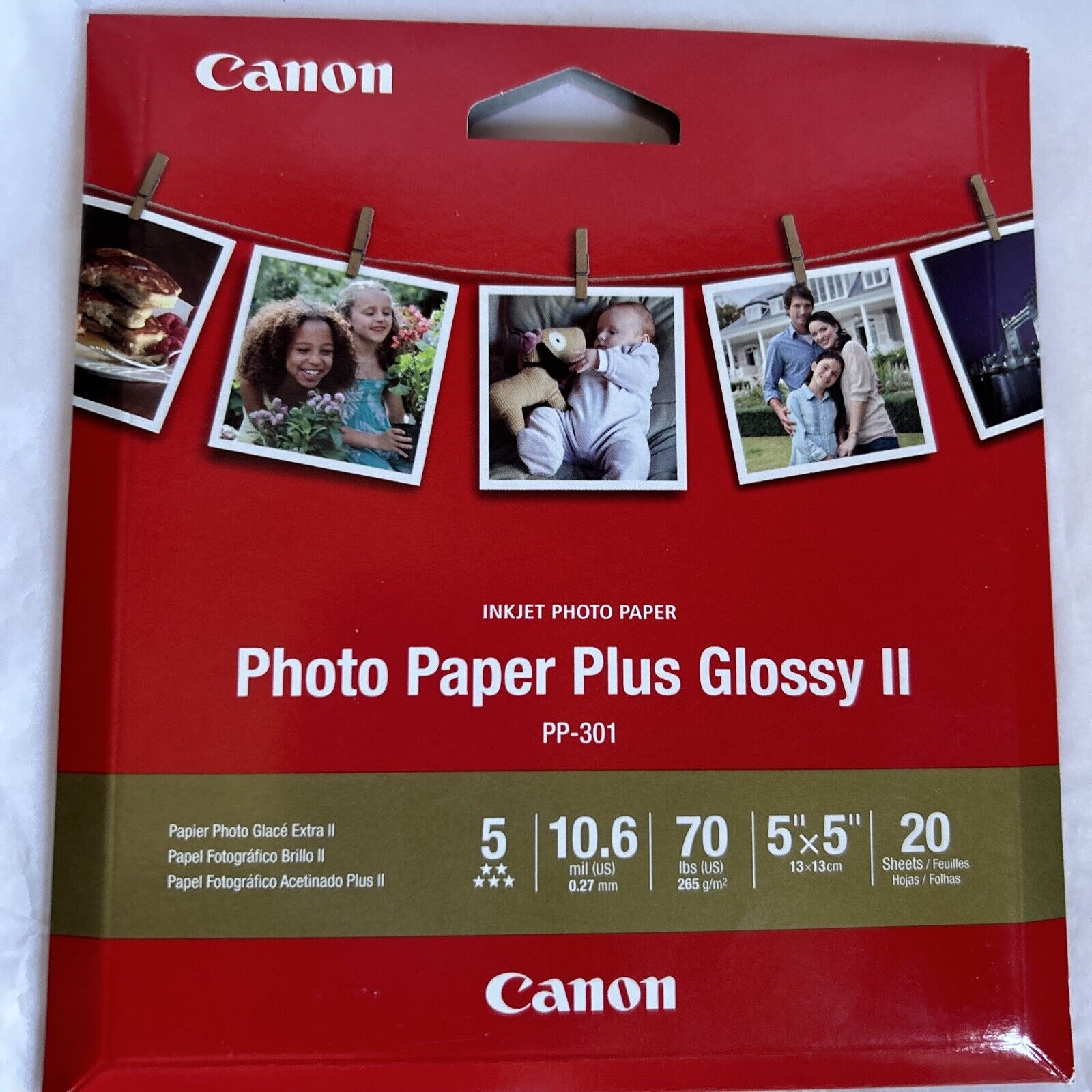 Canon Photo Paper Plus Glossy II 5x5” 20 Sheets PP-301 10.6 Mil 70 Lbs Inkjet