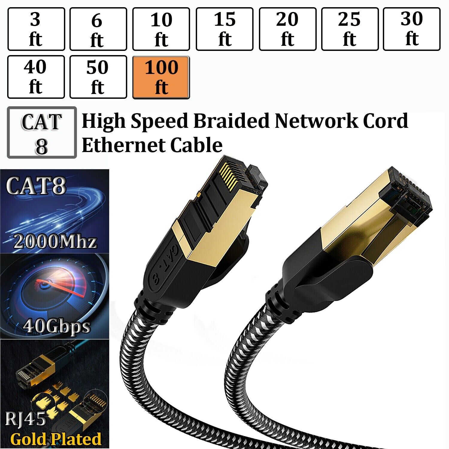 Cat 8 Braided Ethernet Cable RJ45 Super Speed 40Gbps 2000Mhz LAN Network Lot