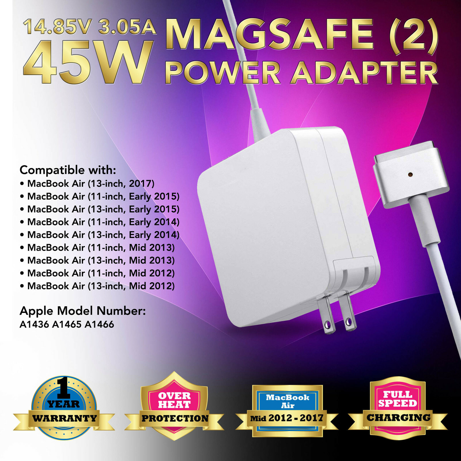 45W Charger Adapter Power for Apple Macbook Air A1465 A1466 2012-2017, T-Tip