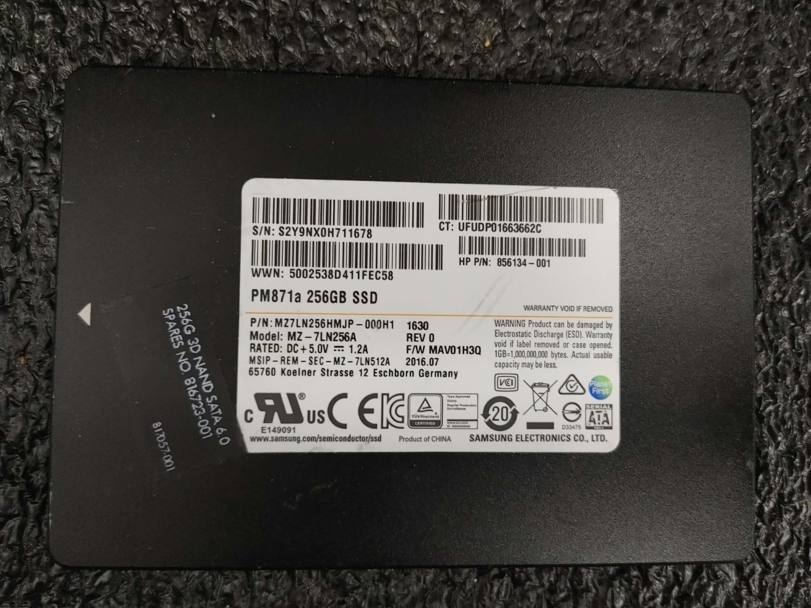 HP 856134-001 816723-001 MZ-7LN256A PM871a 256GB 2.5