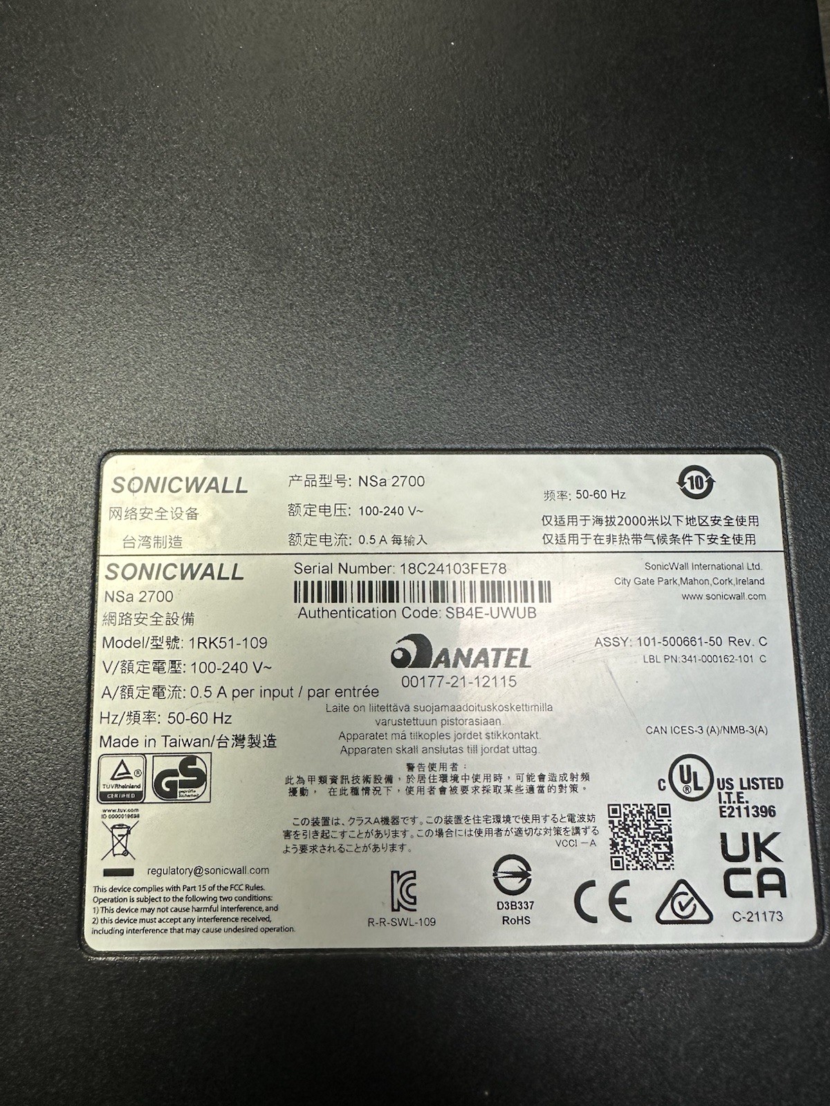 SonicWall NSa 2700 Next-Gen Firewall Appliance Only | NO LICENSE |