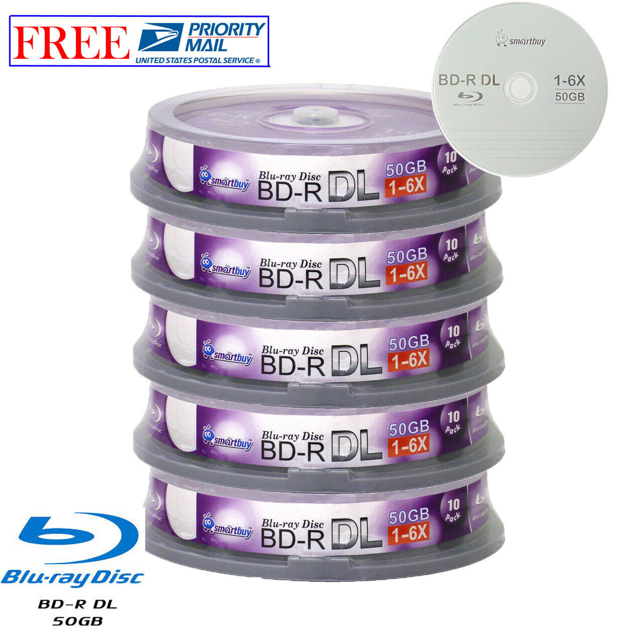 50 Pack Smartbuy Blu-ray BD-R BDR DL Dual Layer 6X 50GB Blank Logo Record Disc
