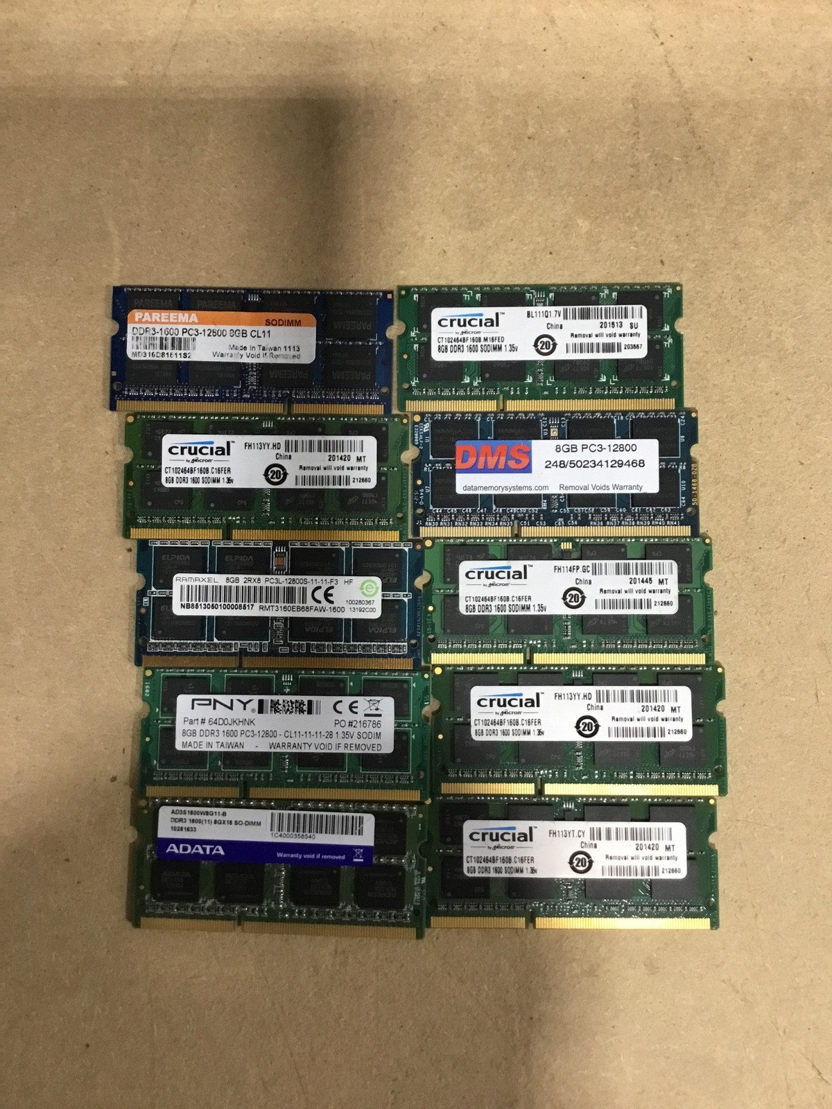 (Lot of 10) 8GB Mixed/Major Brands DDR3-12800 Laptop SODIMM Memory