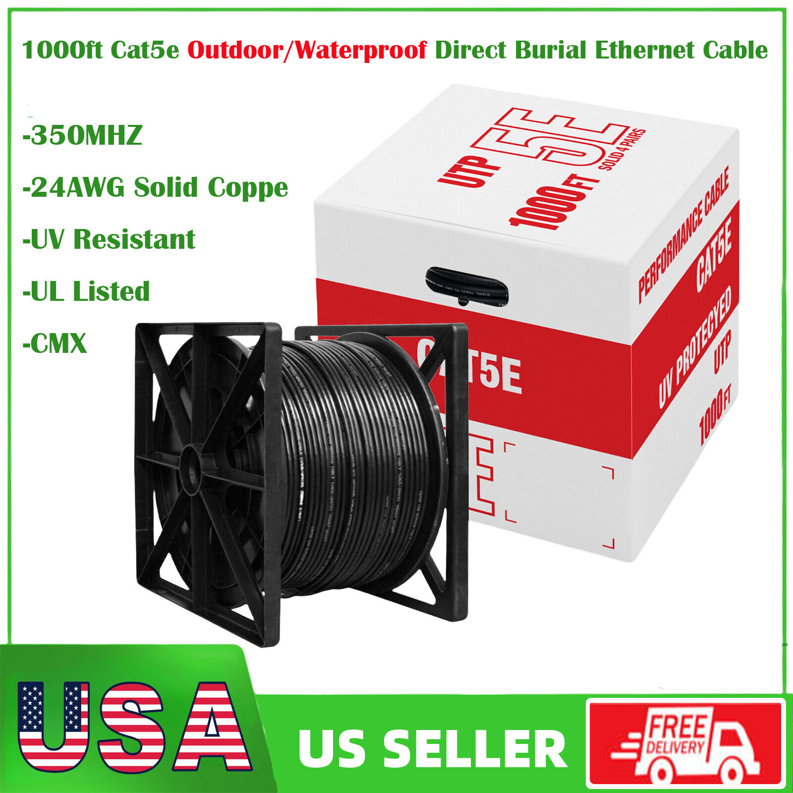 1000ft Cat6/Cat5e Outdoor Direct Burial Ethernet Cable UTP 23AWG Solid Coppe 