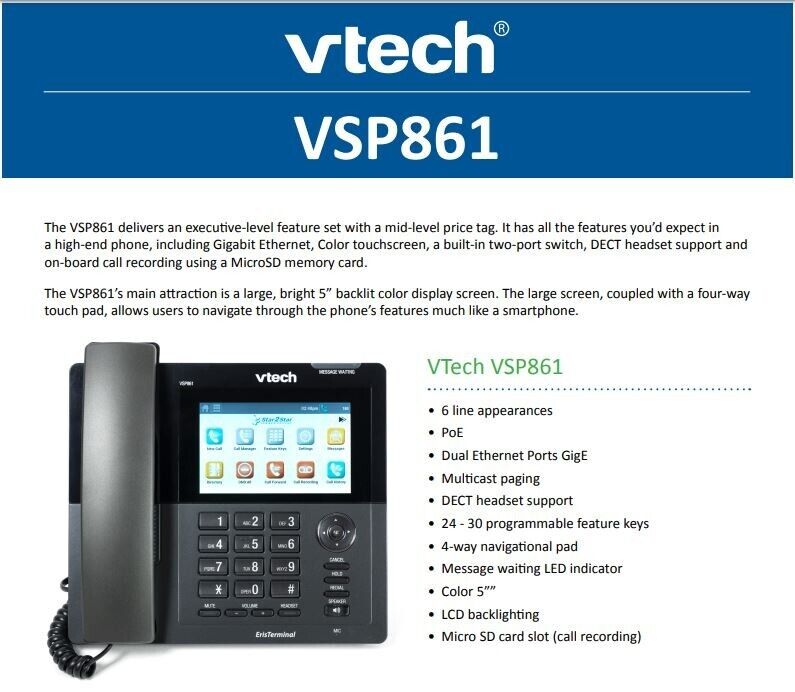 Vtech ErisTerminal VSP861 Touchscreen Color Desktop - Voice-Over-IP VOIP Phone