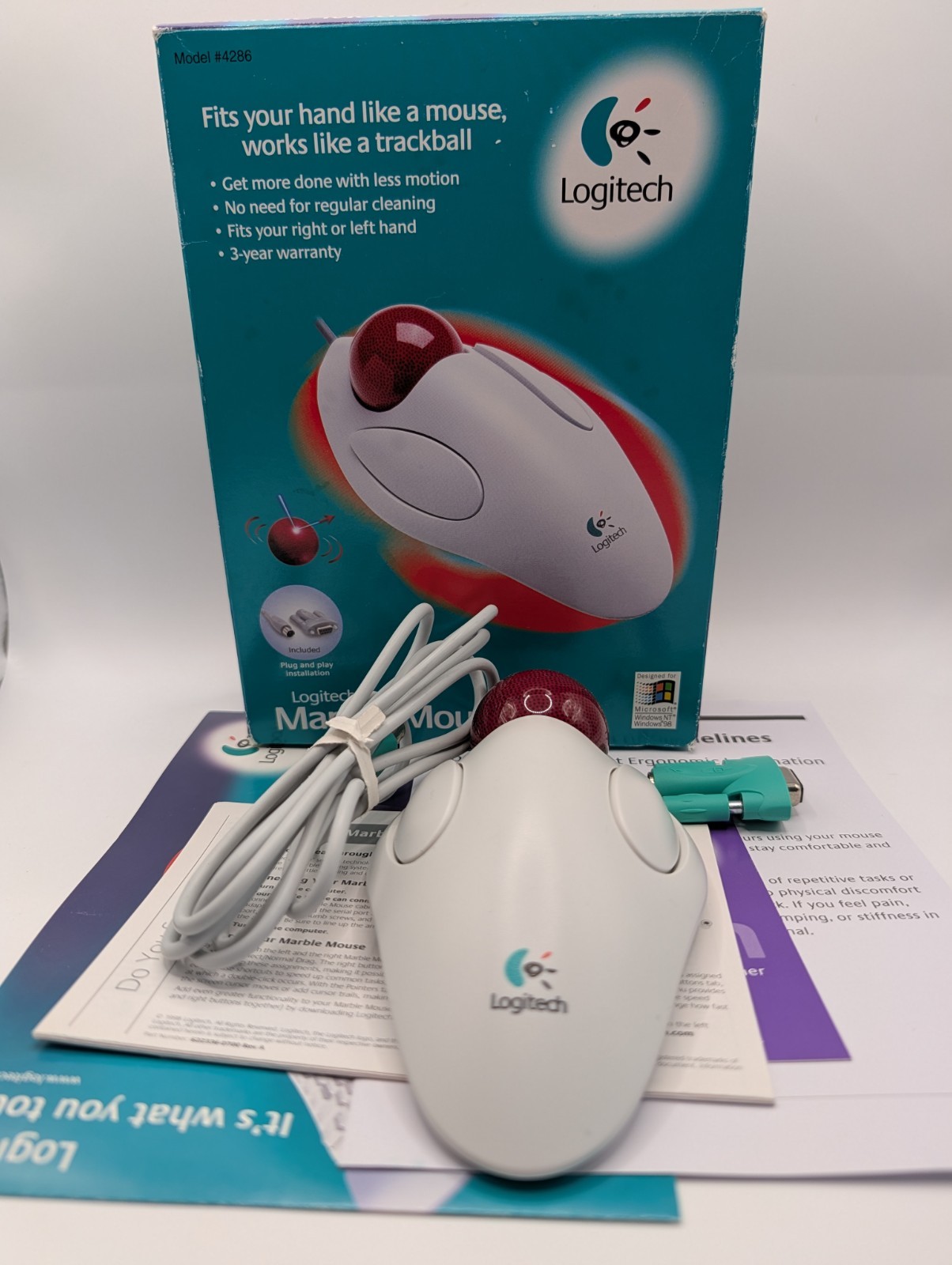 Vintage Logitech Marble Mouse T-CM14 Trackball Serial PS/2 Tested Working Box