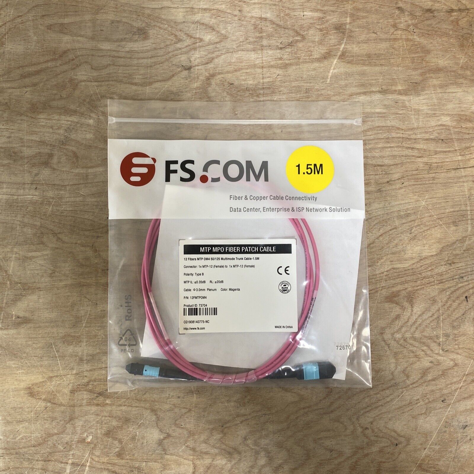 FS 12FMTPOM4-1M 12-Fiber MTP/MPO Female OM4 Multimode Patch Cable