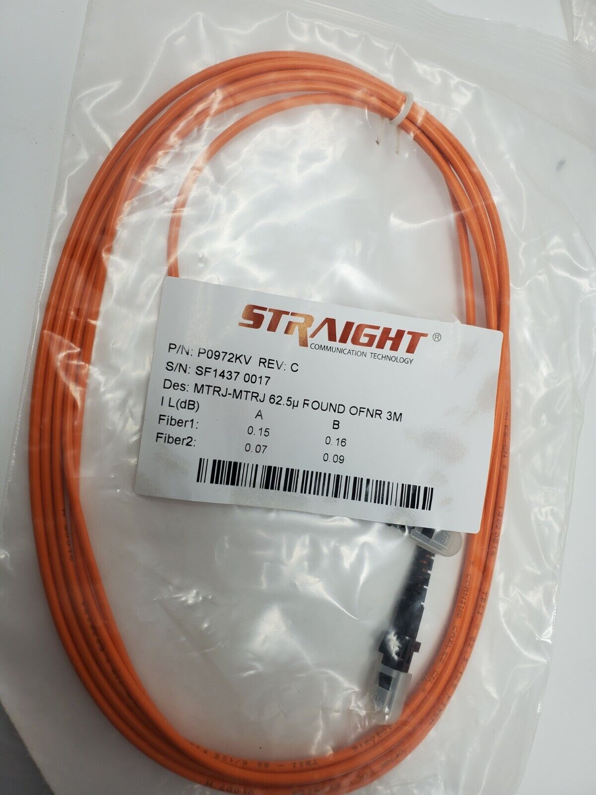 Straight P0972KV Rev C MTRJ-MTRJ 65.5u Round ofnr 3m Fiber Optic Cable