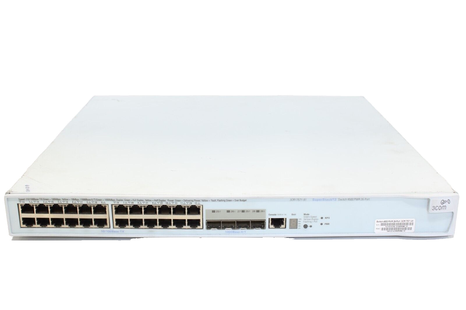 3Com SuperStack 4500 PWR 26 Port L3 Stackable PoE Ethernet Switch 3CR17571-91