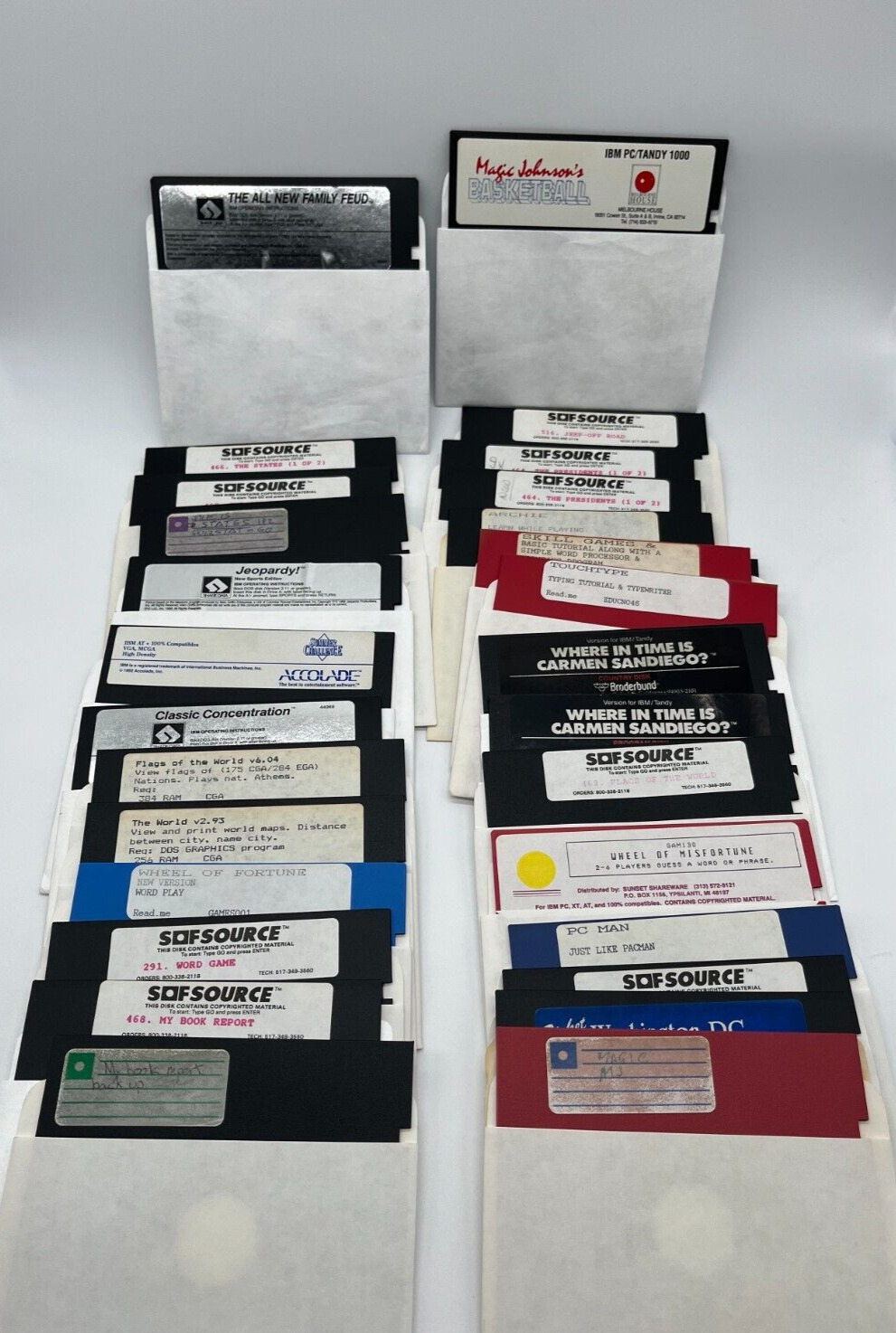 Large Lot of IBM Tandy Floppy Disk Games Jeopardy, Educational, Sports