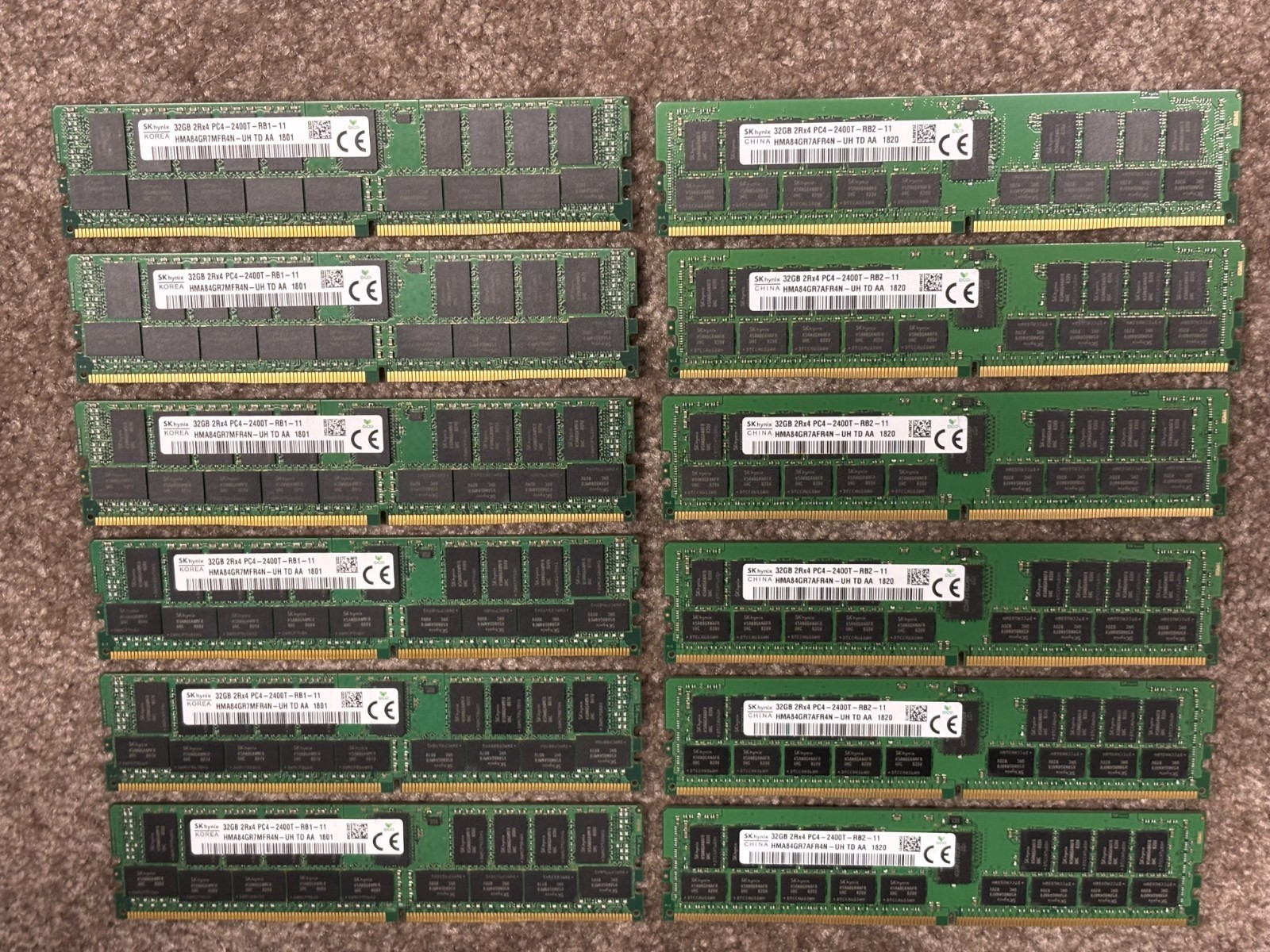 Lot of SK Hynix (12x32GB) PC4-2400T DDR4 ECC Server Memory RAM (HMA84GR7MFR4NUH)