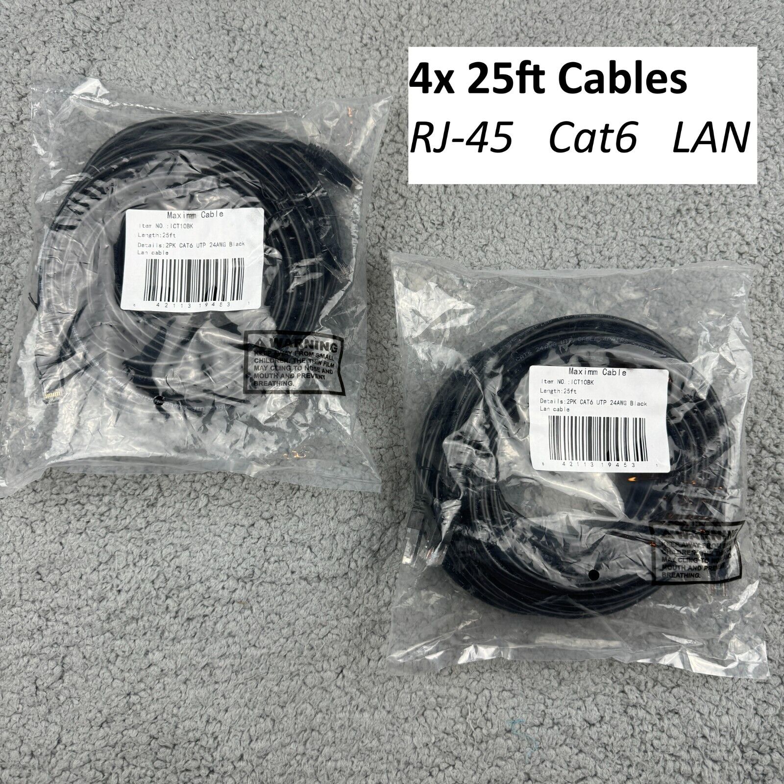 4x 25ft Cat6 RJ-45 Ethernet Cable | Patch Cord LAN Internet Gold 24 AWG 550 Mhz
