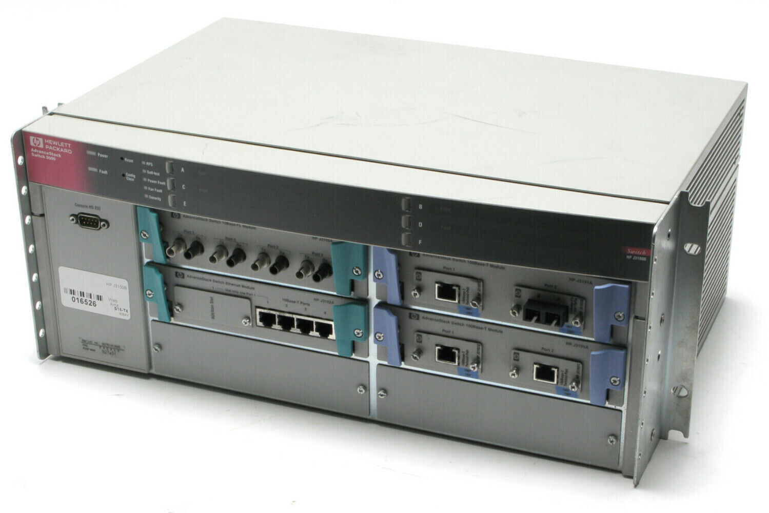 HP J3100B Advance Stack Switch 2000 w/J3109A, J3102A, J3191A x2 modules
