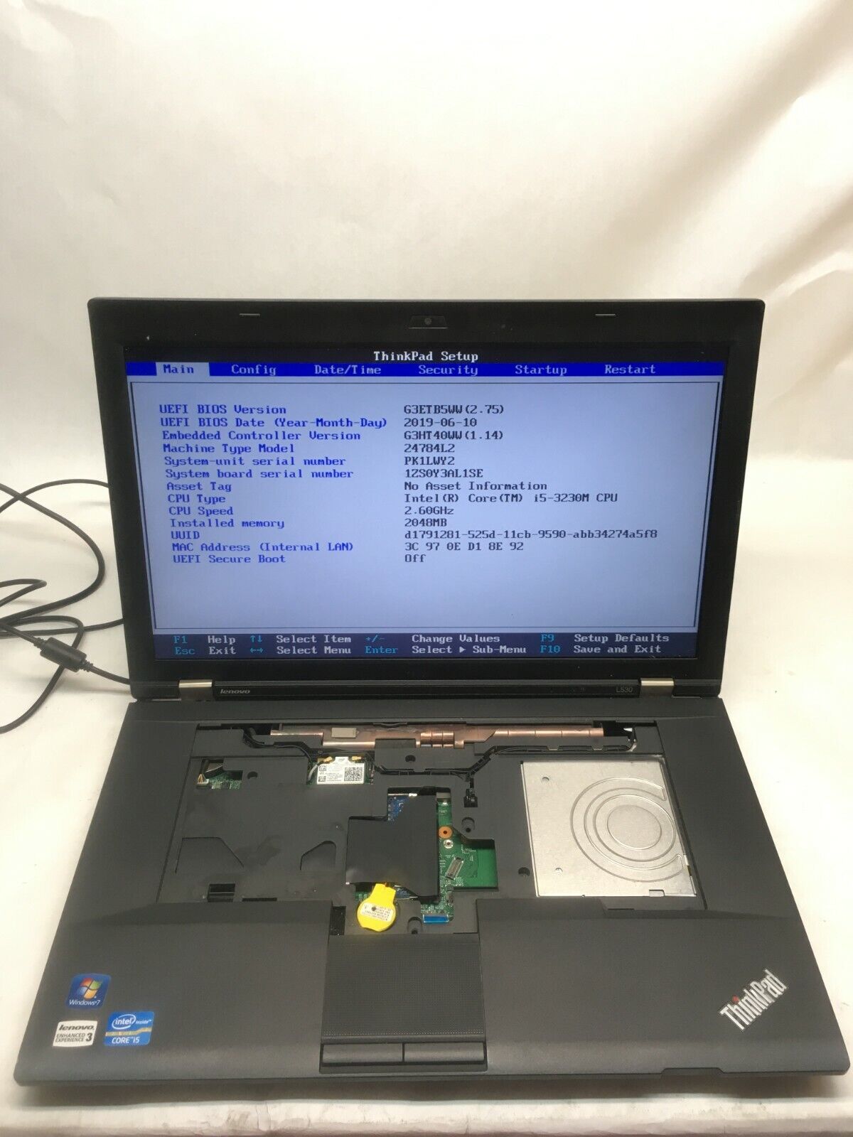 Lenovo ThinkPad L530 i5 Laptop For Parts Damaged Case Boots to BIOS No Keybd. JR