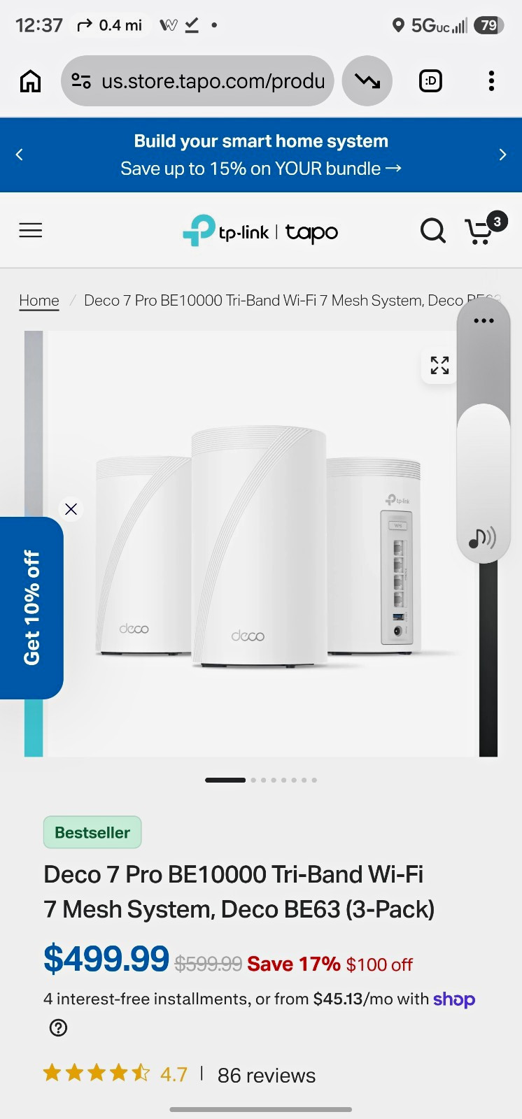 TP-Link Deco BE63 BE10000 Wi-Fi 7 Tri-Band Mesh Router System 3-Pack