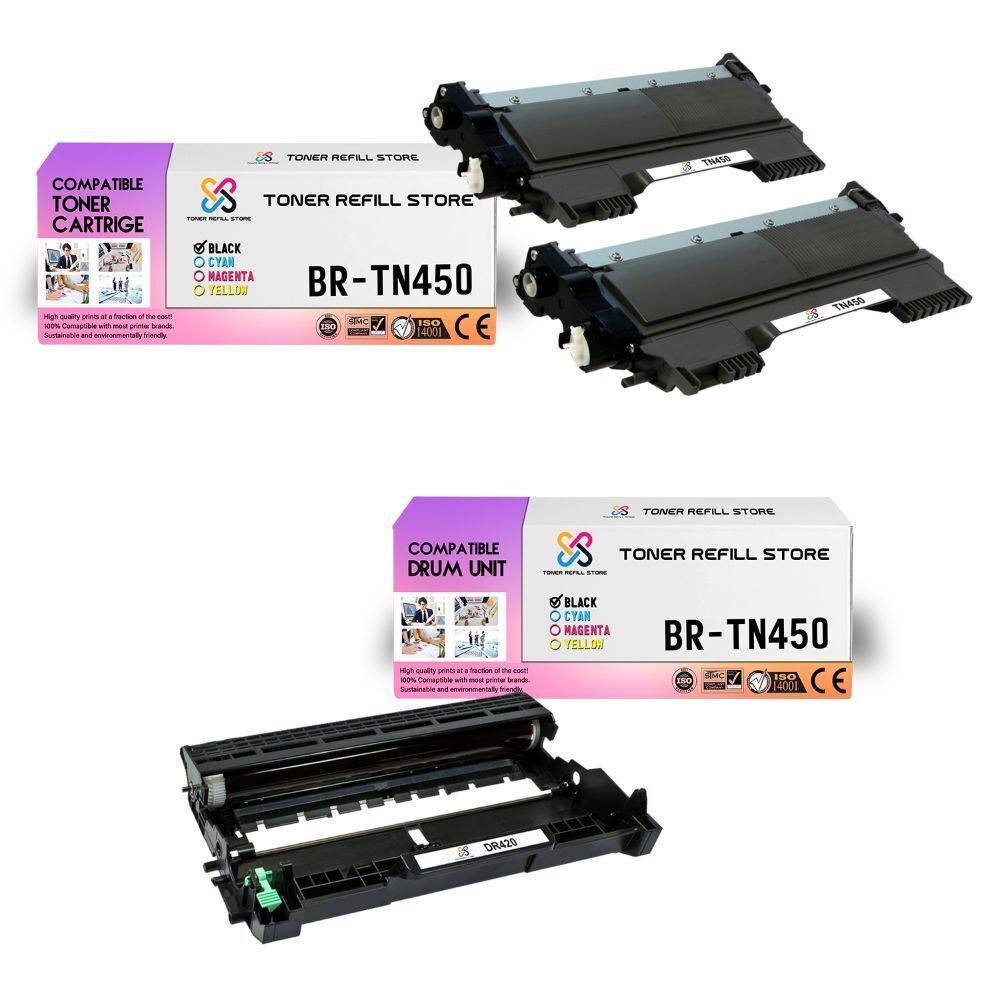 2Pk TRS TN450 DR420 Compatible for Brother HL2130 2132 Toner and Drum Unit