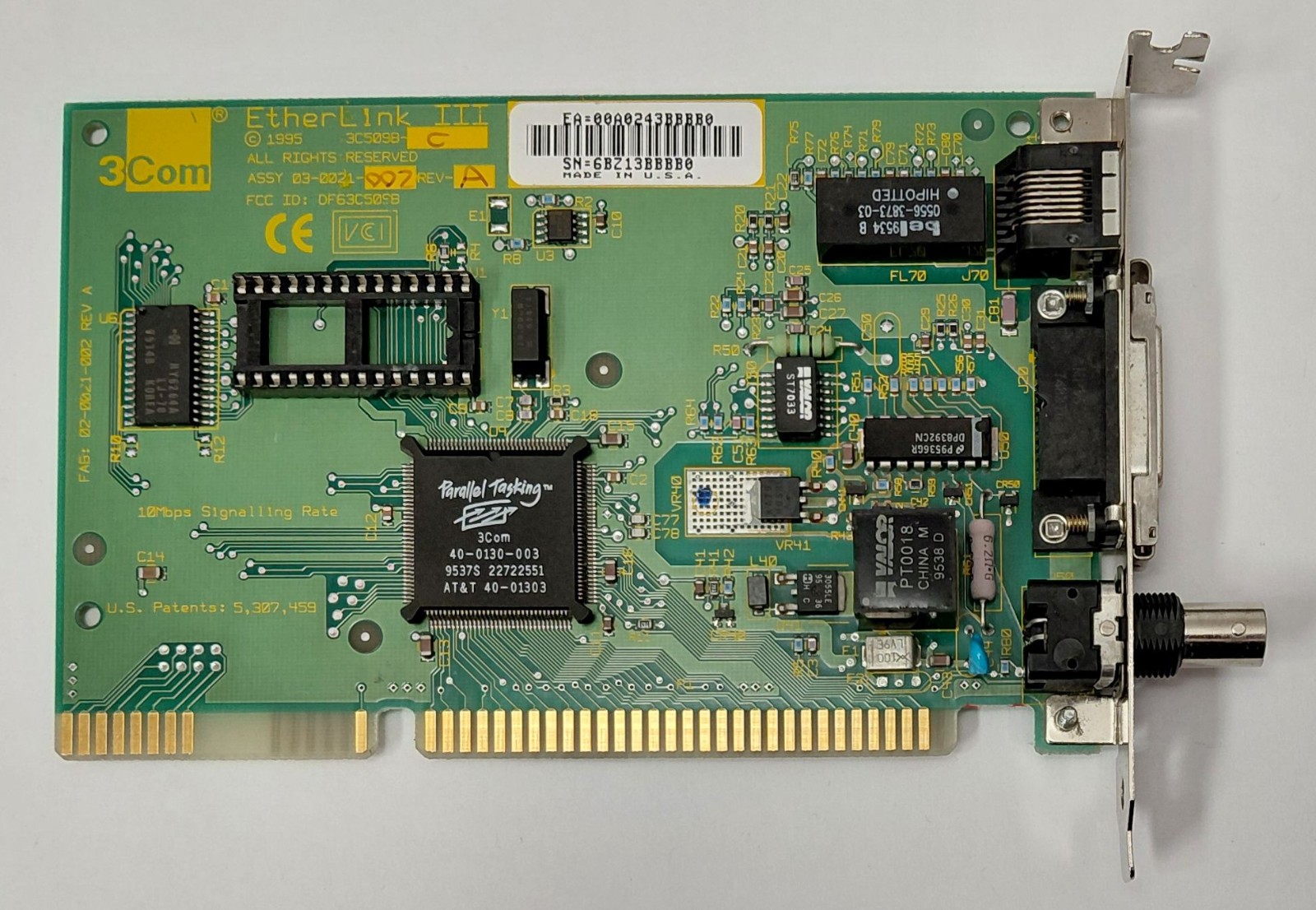 3COM EtherLink III 3C509B-C ISA Network Card (BNC, Coax, RJ45, Retro, 1995)