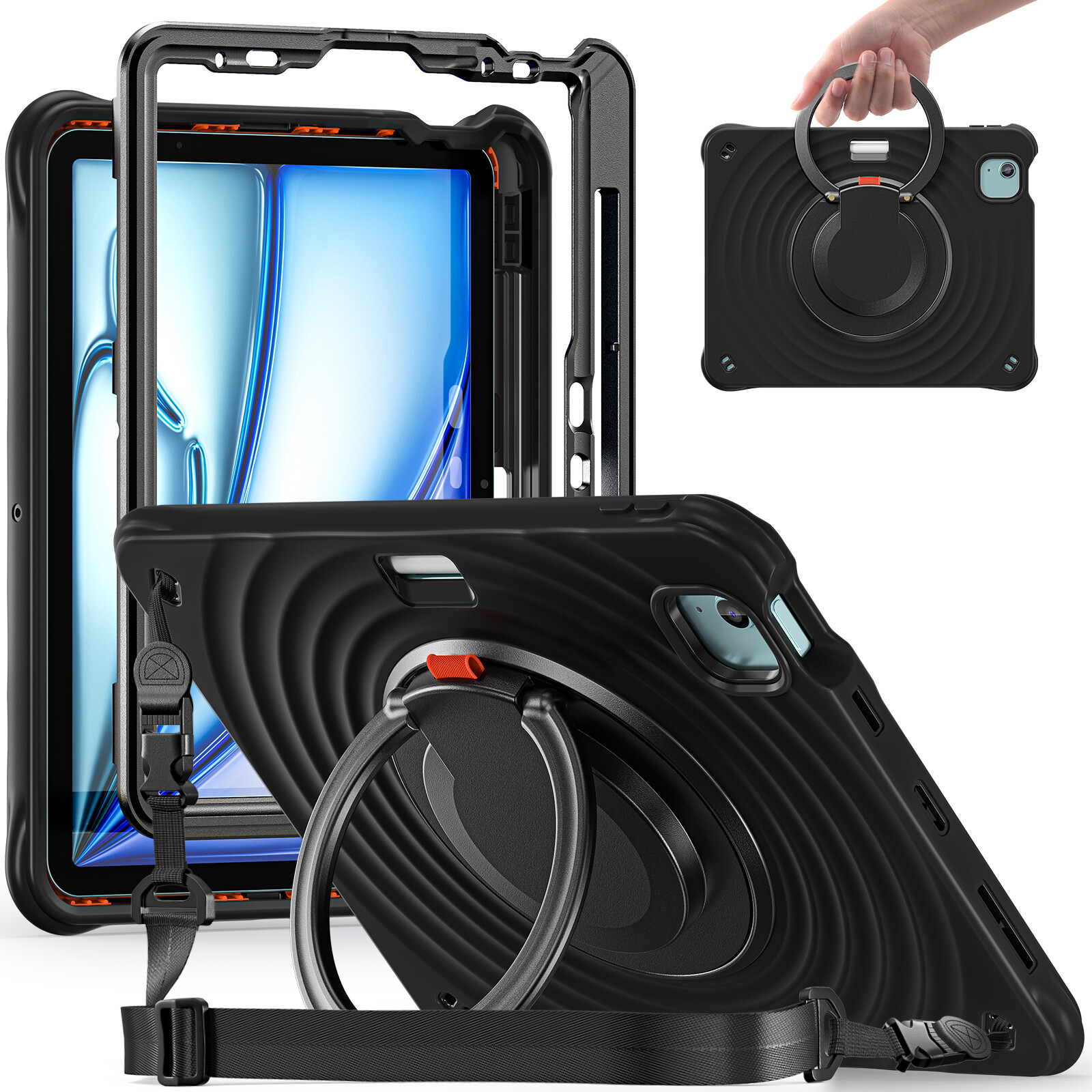 For iPad Air 11-inch M2 2024 w/Swivel Hanging Ring Handle Grip Kickstand Cover