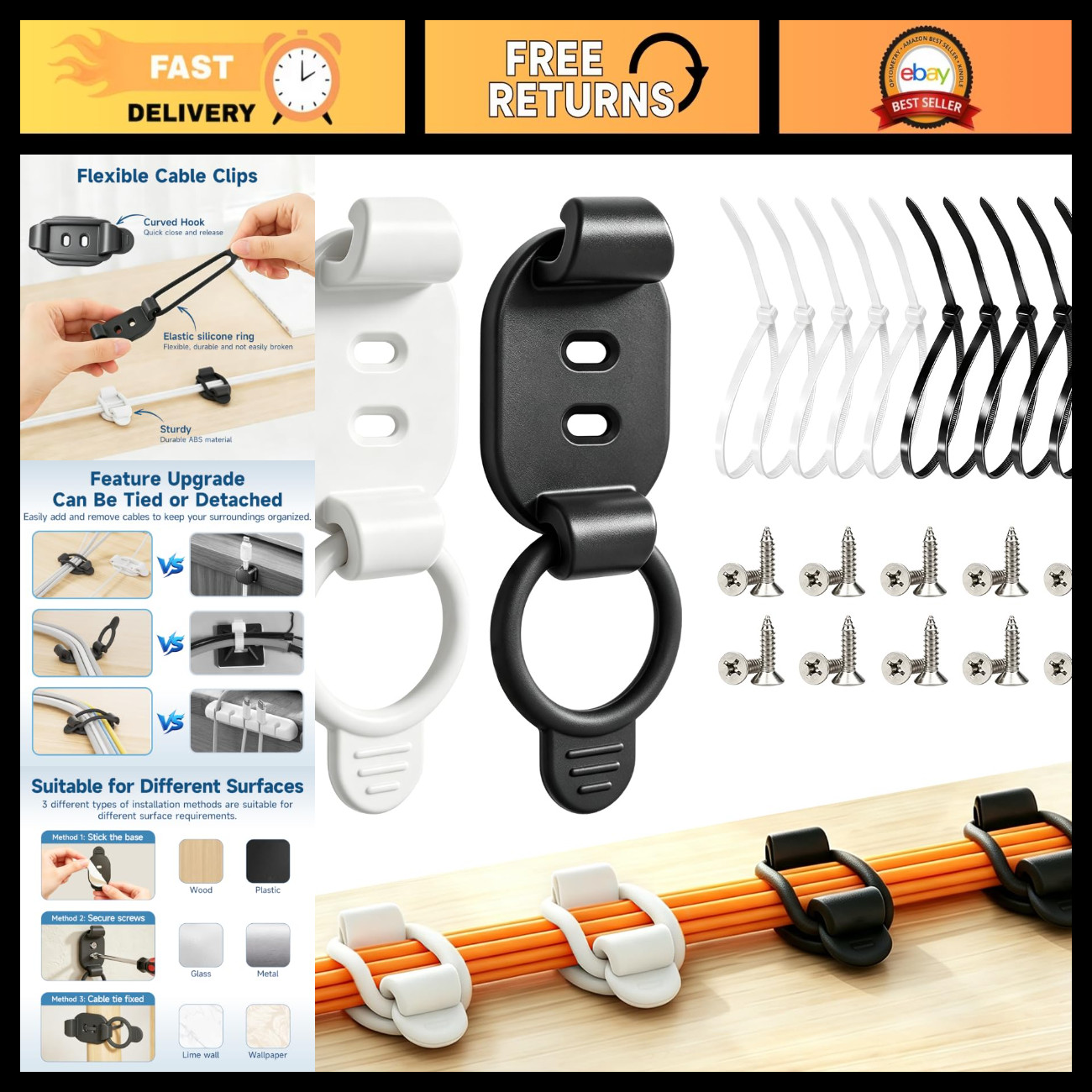 10 Sets Adjustable Cable Management Clips, Self-Adhesive Cord Organizers, Reusab