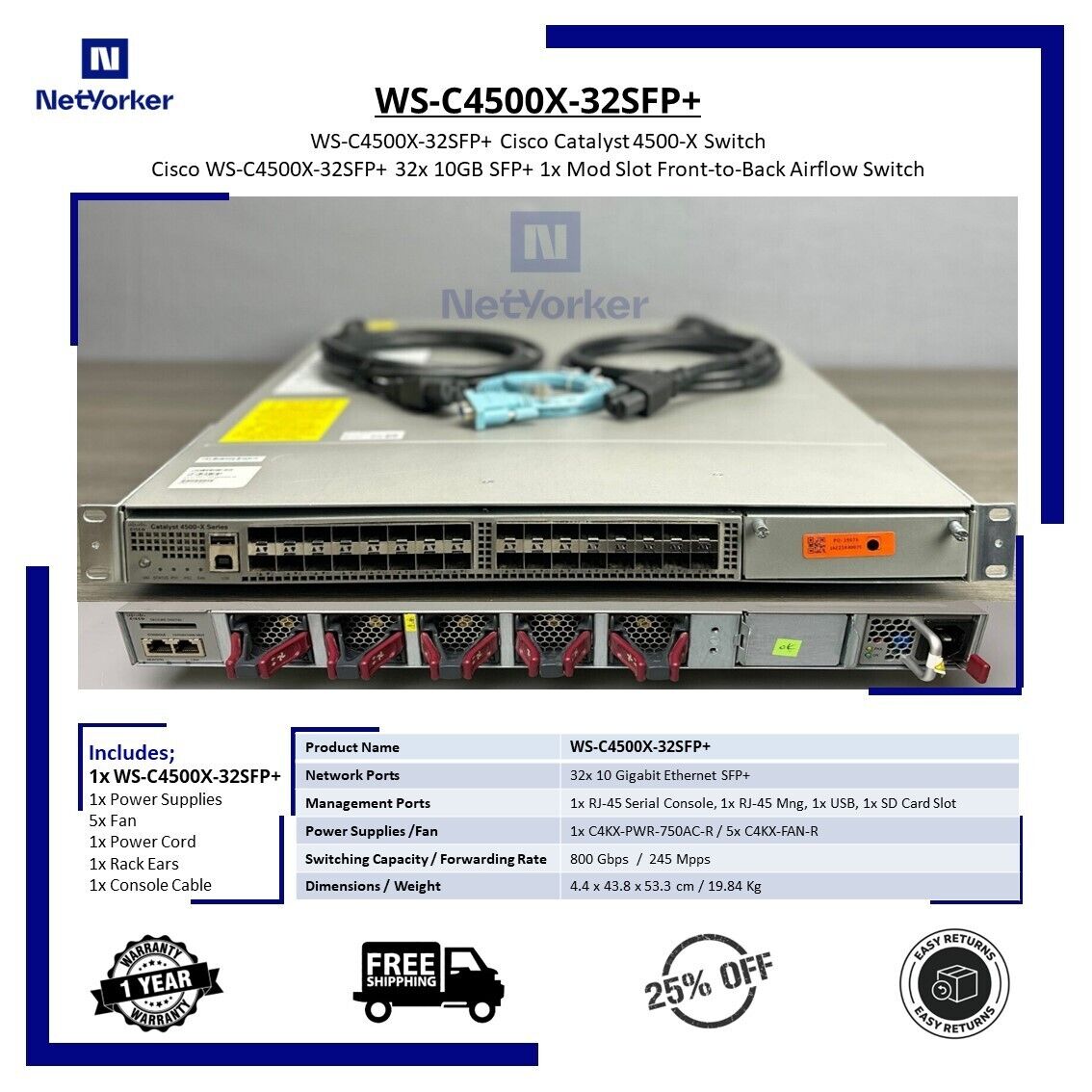 Cisco WS-C4500X-32SFP+ 32 Port 10GE IP Base Switch - Same Dat Shipping
