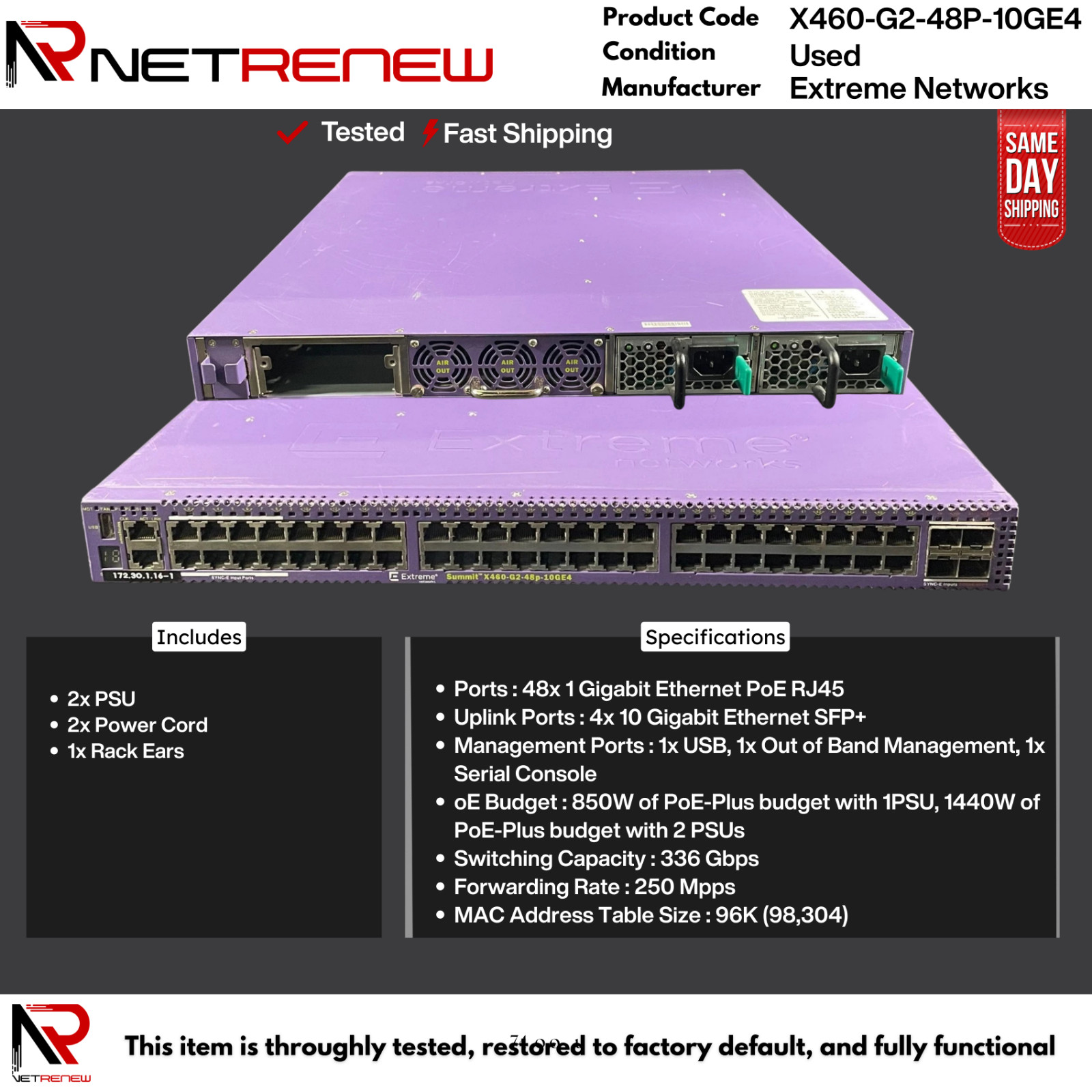 Extreme Networks X460-G2-48P-10GE4 48-Port PoE+ Gigabit Switch w/ 4x 10Gb SFP+