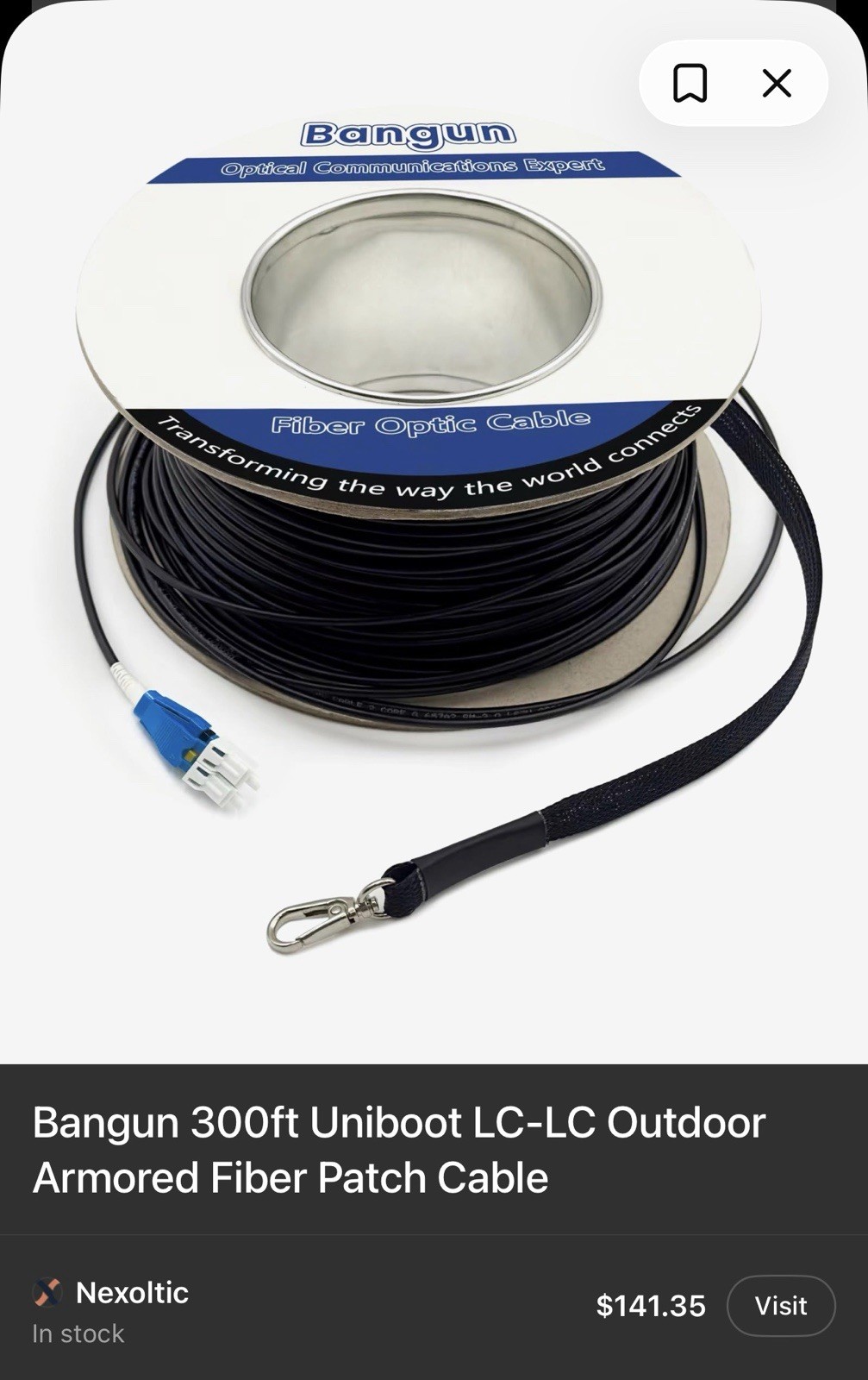 Bangun LC-92MB 300FT 92M LC Uniboot LC-LC Armored Fiber Optic Cable G657A2